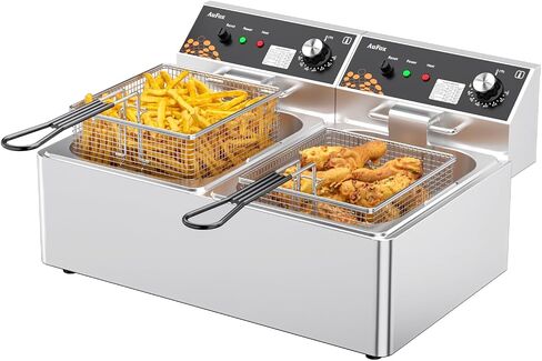 المقلاة العميقة التجارية 2L × 2/21QT مقلاة كونترتوب مزدوجة الخزان 1.0 ملم من الفولاذ المقاوم للصدأ 3400W الانغماس الكهربائي المقاطع العميقة مع درجة حرارة قابلة للتعديل في السلة للمطعم in Kuwait