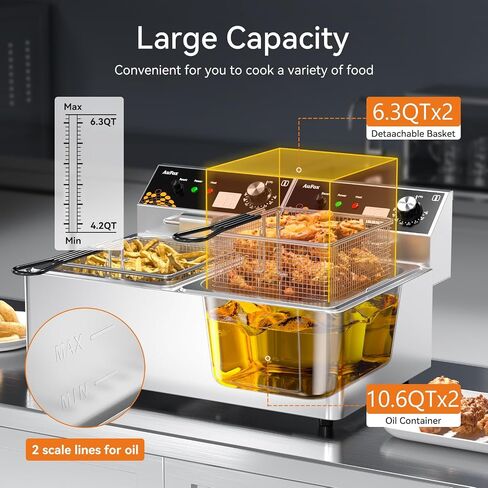 المقلاة العميقة التجارية 2L × 2/21QT مقلاة كونترتوب مزدوجة الخزان 1.0 ملم من الفولاذ المقاوم للصدأ 3400W الانغماس الكهربائي المقاطع العميقة مع درجة حرارة قابلة للتعديل في السلة للمطعم in Kuwait