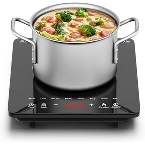 Portable Induction Cooktop, 1200W Induction Burner with 8 Power levels, 110v Outlet Plug with Glass Surface, Safety Lock Timer Countertop Burner