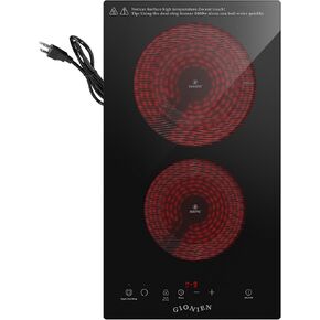 Electric Cooktop 2 Burners 110V~120V, 12'' Plug in Electric Stove Top,Countertop or Built-in,Ceramic Glass,Sensor Touch Control,Timer,9 Power Levels,Portable,1800W