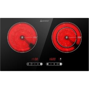 Dual Coil Design of 2 Burner Cooker, 1800W Electric Ceramic Hot Plate for Cooking, Infrared Double Burner Portable Countertop or 24inch Built-in Cooktop Radiant Stove Top, Compatible with All Cookware