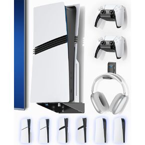 PS 5 Wall Mount for All PS-5 Models with Headset & Controller Holder, Premium PS-5 Metal Shelf Floating Mount, Universal 2 Packs Controller Hooks and 1 Pack Headphone Stand