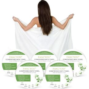Compressed Towel Tablets Large - 100% Cotton Disposable Bath Towels for Travel - 55 in x 27.5 in Travel Cleaning Kit for Hotels Camping Hiking Sports Beach Swimming Vacation [5 Pack Green]