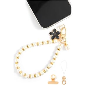 Fancy Beaded Cell Phone Wrist Strap, Hands-Free Cute Wristlet Chain Bracelet, Detachable Lanyard for iPhone, Samsung and Most Smartphones - Anti-Lost Versatile Charm for Bag | White Flower&Pearls