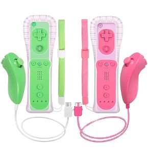 Dliaonew 2 Psck Remote Controller and Nunchuck for Wii/Wii U Console, Gamepad with Silicone Case and Wrist (New Green and Pink)