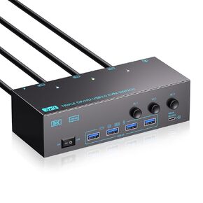 KVM Switch, Reyoten 8K@60Hz HDMI DP Switch, 3 Monitors 3 PCs KVM Switches with 4 USB3.0 Ports, 4K hub Switch for 3 PCs Share Monitor Keyboard Mouse Printer with 3 USB Cables, Power Adapter, Controller