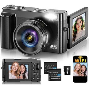 4K Digital Camera for Photography Autofocus, Upgraded 64MP WiFi Vlogging Camera for YouTube with 3" 180° Flip Screen, 16X Zoom, Compact Travel Cameras for Beginners with 32GB Card, 2 Batteries, Black