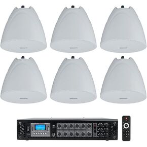 Rockville RCS180-6 Commercial Amp Bundle with (6) PEN-525T White 5.25" 70V Hanging Pendant Speakers