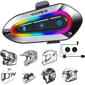 VCOROS Motorcycle Helmet Headset with 16-Types RGB Dazzling Lights, VR2 Motorcycle Helmet Speakers with Automatic Answer/Dual Noise System/AI Voice/Call Music Control/IPX6 (Hard Microphone)