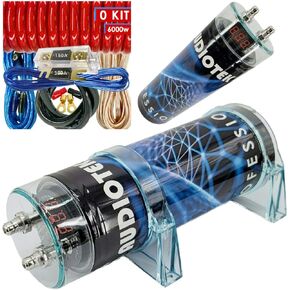 Audiotek 5.0 Farad Capacitor Car Audio 5000 Watts Power 12Volts Car Digital Power and Genuine New Complete 6000Watts, 0 Gauge Car Amplifier Installation Wiring Kit