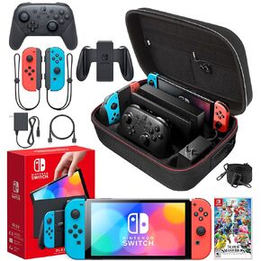 Nintendo Switch OLED Model (Neon Red/Blue) Super Smash Bros Ultimate Bundle | Includes Wireless Pro Controller, Extra Joy-Con (Red/Blue) | With Signature Series Large Carry Case and Earphones