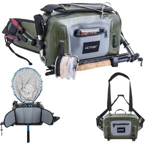 Goture Waterproof Fishing Waist Pack,IPX8 840D TPU Large Fishing Tackle Bag with Rod Holder,Airtight Zipper Closure,9L Fly Fishing Bag with Adjustable Strap,Sling Fishing Waist Bag,Fishing Fanny Pack