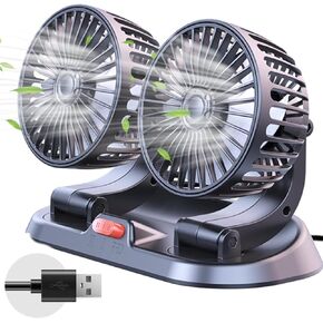 مروحة سيارة USB ثنائية الرأس ， DashboardFan للسيارة ، 360 درجة قابلة للتدوير ، حل قوي للتبريد لسيارة الدفع الرباعي المركبة ، المكتب ، أو المكتب