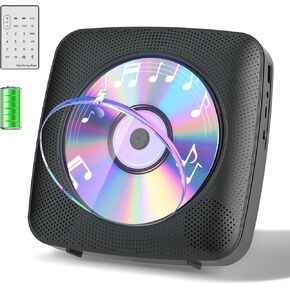 Gueray CD Player Portable with Bluetooth Wall Mountable, 1800mAh Rechargeable Battery Operated CD Music Players for Home Desk Built-in HiFi Speaker LCD Screen Display FM Radio Supports USB AUX Jack