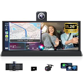 2025 11.26'' Apple CarPlay Screen for Car Tablet Wireless Car Play & Android Auto Screen, 4K Dash Cam with Rotatable Lens car Audio Receivers Bluetooth/GPS Navigation/Voice Control/OEM Style Bracket