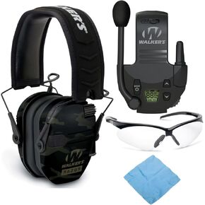 Walker's Razor Slim Electronic Muff (MultiCam Camo Gray) Bundle with Walkie-Talkie Attachment, Shooting Glasses and Cleaning Cloth (4 Items)