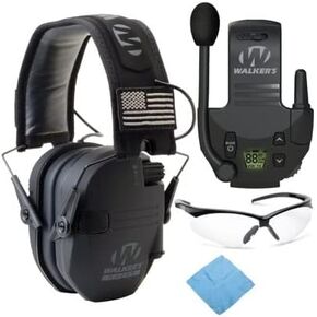 Walker's Razor Slim Electronic Muff (Black Patriot Version) Bundle with Walkie-Talkie Attachment, Shooting Glasses and Cleaning Cloth (4 Items)