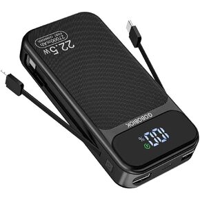 Power Bank 27000mAh Fast Charging Built-in 2 Cables, 22.5W Portable Charger, Portable USB C Power Bank Battery Pack with LCD Display Powerbank for Smartphones Tablets and More