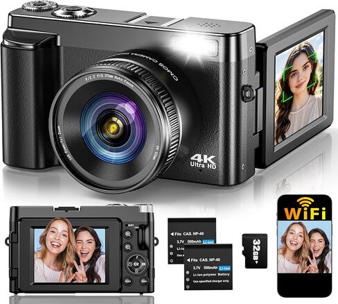 4K Digital Camera for Photography Autofocus, Upgraded 64MP WiFi Vlogging Camera for YouTube with 3" 180° Flip Screen, 16X Zoom, Compact Travel Cameras for Beginners with 32GB Card, 2 Batteries, Black in Saudi Arabia