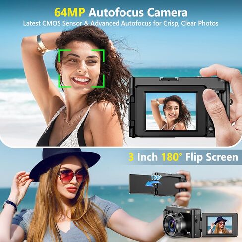 4K Digital Camera for Photography Autofocus, Upgraded 64MP WiFi Vlogging Camera for YouTube with 3" 180° Flip Screen, 16X Zoom, Compact Travel Cameras for Beginners with 32GB Card, 2 Batteries, Black in Saudi Arabia