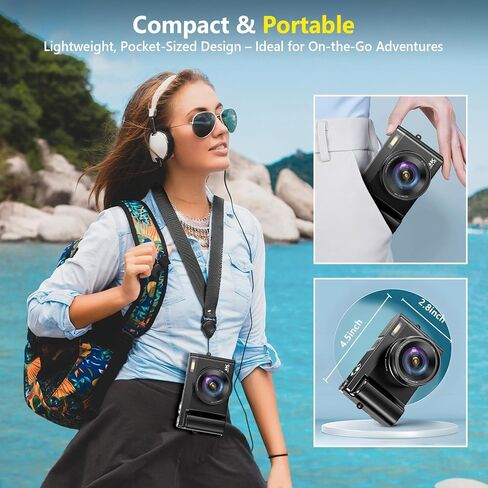 4K Digital Camera for Photography Autofocus, Upgraded 64MP WiFi Vlogging Camera for YouTube with 3" 180° Flip Screen, 16X Zoom, Compact Travel Cameras for Beginners with 32GB Card, 2 Batteries, Black in Saudi Arabia