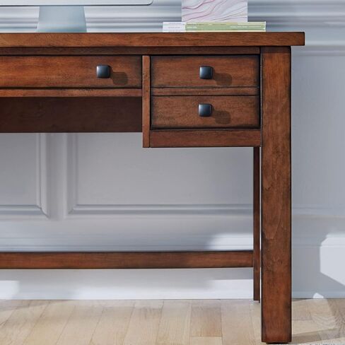 مكتب كتابة تنفيذي من Home Styles Tahoe Aged Maple مع درجين ملحقين على كل جانب، ودرج مركزي منسدل، وصينية لوحة مفاتيح، ومقابض برونزية عتيقة، بني in Kuwait