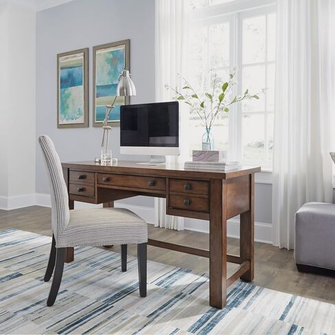 مكتب كتابة تنفيذي من Home Styles Tahoe Aged Maple مع درجين ملحقين على كل جانب، ودرج مركزي منسدل، وصينية لوحة مفاتيح، ومقابض برونزية عتيقة، بني in Kuwait