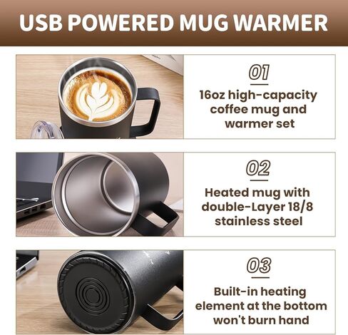 مجموعة USB Cup Warme ، 8/18 القدح القهوة الكهربائية من الفولاذ المقاوم للصدأ مع إغلاق 10h السيارات ، القدح التدفئة الذاتي للمكتب 17oz-Black in Kuwait
