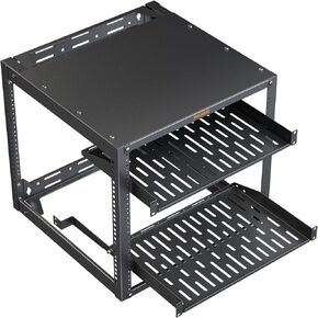 Perlegear 10U Open Frame Network Rack for 19″ Servers & AV Gear, Heavy-Duty 4 Post AV Rack with 2x1U Vented Shelves, Floor-Standing or Wall-Mounted Server Computer Rack for Home & Office, PGSER02