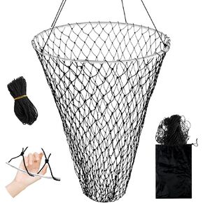 Foldable Bridge and Pier Fishing Net for Pier Fishing High Load Drop Net Fish Basket for Saltwater Freshwater Collapsible Basket with 49.2 FT Rope Soft Steel Hoop