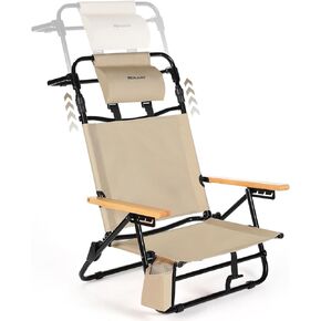 REALEAD Beach Chairs for Adults with Extendable High Back, 4-Position Reclining Beach Chair with Headrest, Cooler Pouch, Lay Flat Folding Beach Chairs Heavy Duty Support 330LBS