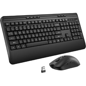 Wireless Keyboard and Mouse Set with Quiet Keys, 2.4G Full Size Ergonomic Keyboard with Wrist Rest, Protective Covers, Soft Touch Silent Design for Windows, Computer, PC and Laptop