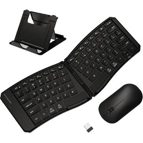 Ergonomic Foldable Keyboard and Mouse Combo, 2.4G+Dual Bluetooth Rechargeable Folding Keyboard Mouse for Travel and Business, Split Design, Portable Size for Laptop iPads Tablet Smartphone
