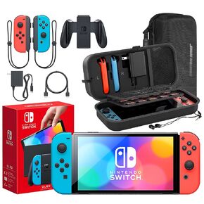 Nintendo Switch OLED Model (Neon Red/Blue) Accessory Bundle | Includes Extra Joy-Con (Red/Blue), Dock, Joy-Con Grips and Straps | With Signature Series Portable Case and Earphones