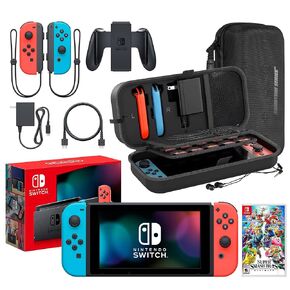 Nintendo Switch Neon Blue/Red with Super Smash Bros Ultimate Bundle | Includes Extra Joy-Con (Red/Blue), Dock, Joy-Con Grips and Straps | With Signature Series Portable Case and Earphones