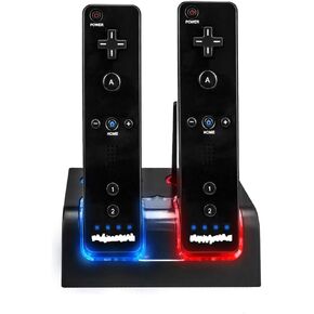 Wii Remote Battery Charger(Free USB Wall Charger+Lengthened Cord) Dual Charging Station Dock with Two Rechargeable Capacity Increased Batteries for Wii/Wii U Game Remote Controller (Black)
