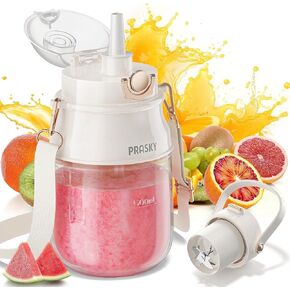 Portable Blender, PRASKY Personal Blenders for Shakes and Smoothies with 27oz Cup, Lid and Shoulder Strap, Type-C USB Rechargeable, Personal Size Blenders BPA-free for Gym/Travel/Kitchen (White)