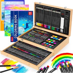 Art Supplies, 186-Pack Deluxe Art Set with 2 A4 Drawing Pads, 1 Coloring Book, 24 Acrylic Paints, Crayons, Colored Pencils, Watercake, Creative Gift Box for Adults Artist Beginners Kids Girls Boys