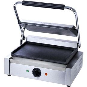 FSE SG-811E/F Single Electric Sandwich Panini Grill with Cast Iron Grooved Plates, Oil Tray, 120v, Silver, 12"D x 17"W x 7.75"H