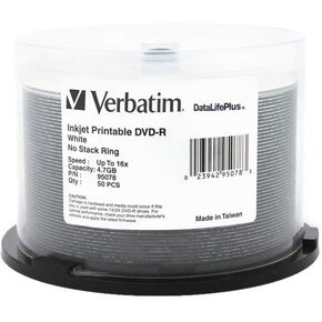 Verbatim 95078 DVD-R Media 16x 4.7gb Spindle Datalifeplus Inkjet Printable (White) - 50-pk