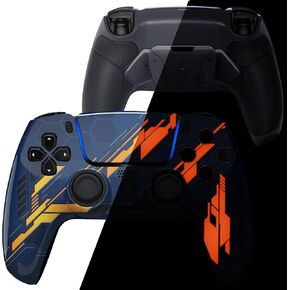 eXtremeRate LUNA Redesigned Glow in Dark Mecha - Orange Front Shell Compatible with ps5 Controller BDM-010 020 030 040 050, Rubberized 4 Back Buttons RISE4 Remap Kit for PS5 Controller BDM-010 BDM-020