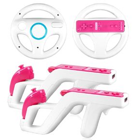 Longlongjin 2 عجلات توجيه سباق و 2 مدافع خفيفة zapper ، متوافقة مع ألعاب Nintendo Wii/Wii U عن بعد (أبيض)