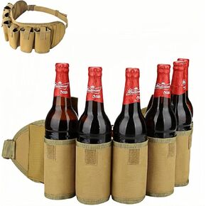 Beer Belt, Adjustable 6 Pack Beer Belt Bottle Holders, Portable Beer Soda Drink Can Holder Waist Pack Bag with Zipper Pocket Pen Slot, Perfect for Party, Picnic, Camping, BBQ, Outdoor Hiking（Brown）