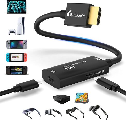 Guermok AR Glasses HDMI to USB-C Display Adapter, 4K@60Hz Play and Charge XR Converter with DC 5V, for XREAL One/Air 2 Pro/RayNeo/Rokid, Steam, Switch 2/1, PS5/4, Portable Monitors (Black) in Saudi Arabia