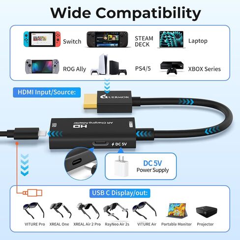 Guermok AR Glasses HDMI to USB-C Display Adapter, 4K@60Hz Play and Charge XR Converter with DC 5V, for XREAL One/Air 2 Pro/RayNeo/Rokid, Steam, Switch 2/1, PS5/4, Portable Monitors (Black) in Saudi Arabia