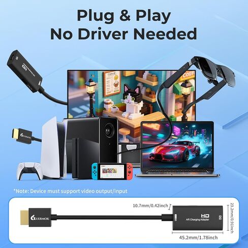 Guermok AR Glasses HDMI to USB-C Display Adapter, 4K@60Hz Play and Charge XR Converter with DC 5V, for XREAL One/Air 2 Pro/RayNeo/Rokid, Steam, Switch 2/1, PS5/4, Portable Monitors (Black) in Saudi Arabia