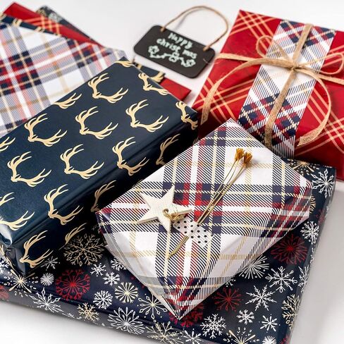 MAYPLUSS Christmas Wrapping Paper Roll - Mini Roll - 17.3 inch X 120 inch Per roll - 3 Different Red & Black Plaid Design (43.2 sq.ft.ttl) in Saudi Arabia