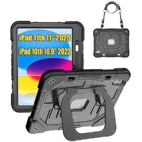Silicone Case for iPad (A16) 11th 11" 2025 and iPad 10th 10.9'' 2022 with Kickstand and Pencil Holder, Heavy Duty Shockproof Protective Case with Strap (Black, iPad (A16) 11th Gen 11'' 2025)