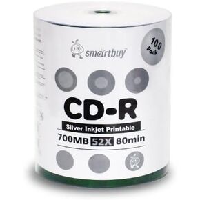 Smart Buy CD-R 100 Pack 700mb 52x Printable Silver Inkjet Blank Recordable Discs, 100 Disc, 100pk