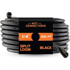 Nippon America 1/4" X 100 ft Split Wire Loom Flex-Guard Convoluted Tubing – Protective Split Cable Sleeves for Automotive Home Industrial Electrical Wires – Chemical Resistant Cable Conduit – Black
